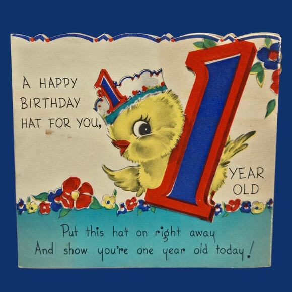 1942 Pop Up 1 year-old Birthday Hat Chick Duck Vintage Rust Craft Die-Cut Card - Picture 2 of 11